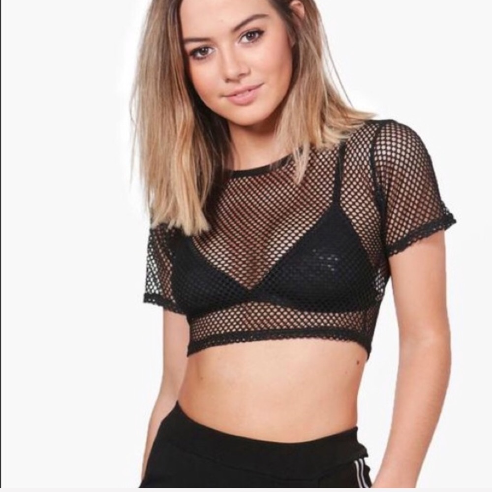 {90s} Mesh/fishnet stretchy raw edge crop top
